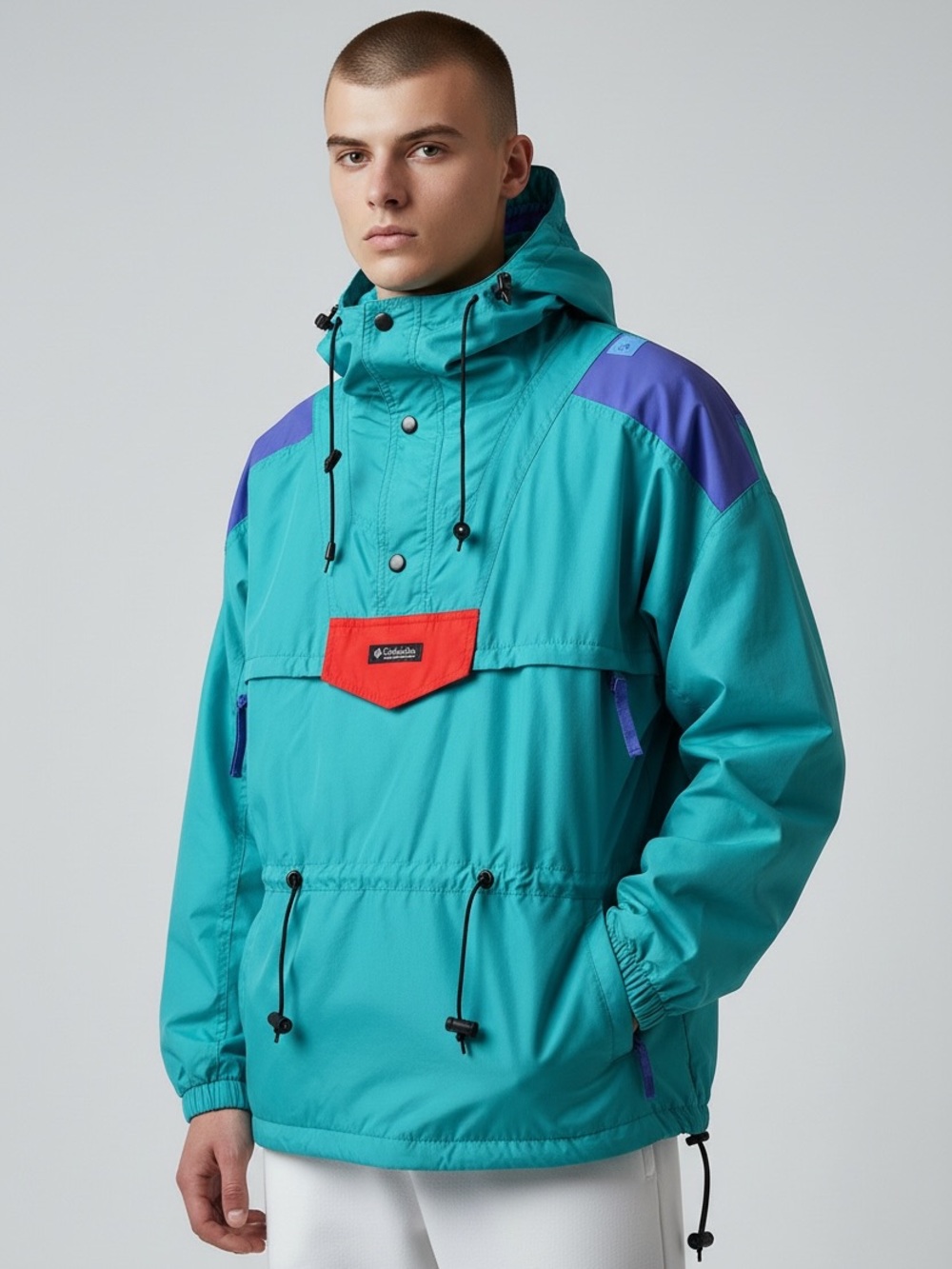 Columbia Teal Menโs Jacket Hooded Rain Snowboard Anorak Vintage 90โ Color block